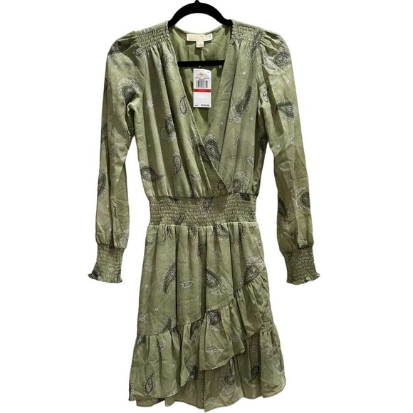 NWT MICHAEL KORS $155 Green Paisley Smocked Waist Dress Size XS - Picture 3 of 8